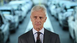 Volkswagen Group CEO Matthias Mueller fields questions from the media last month at the company&apos;s plant in Wolfsburg, Germany.