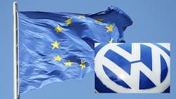The European Union flag and the Volkswagen logo The European Union flag and the Volkswagen logo