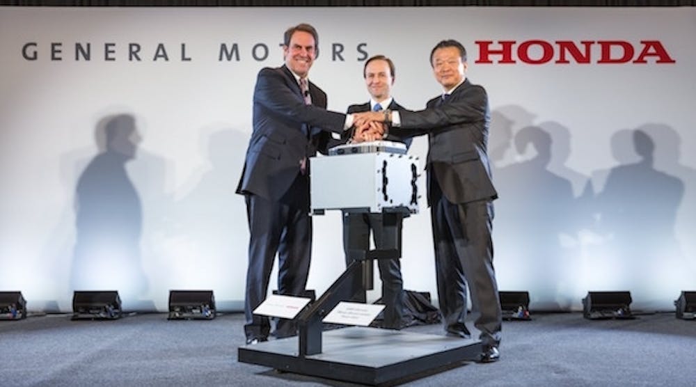 From left, Mark Reuss, GM Executive Vice President Global Product Development; Brian Calley, Michigan Lt. Governor; and Toshiaki Mikoshiba, Honda CEO North American Region and President Honda North America announce a manufacturing joint venture to mass produce an advanced hydrogen fuel cell system.