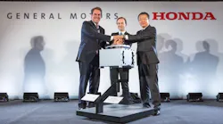 From left Mark Reuss GM Executive Vice President Global Product Development Brian Calley Michigan Lt Governor and Toshiaki Mikoshiba Honda CEO North American Region and President Honda North America announce a manufacturing joint venture to mass produce an advanced hydrogen fuel cell system