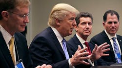 President Donald Trump delivers opening remarks at a meeting Monday attended by, among others Wendell Weeks of Corning, left, Alex Gorsky of Johnson &amp; Johnson, second from right, Michael Dell of Dell Technologies, right, Elon Musk of Tesla Motors, and Marillyn Hewson of Lockheed Martin.