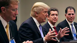 President Donald Trump delivers opening remarks at a meeting Monday