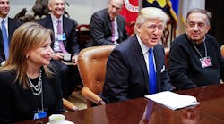 President Donald Trump meets with GM CEO Mary Barra, left, and Fiat Chrysler CEO Sergio Marchionne, right. Not pictured is Ford CEO Mark Fields.