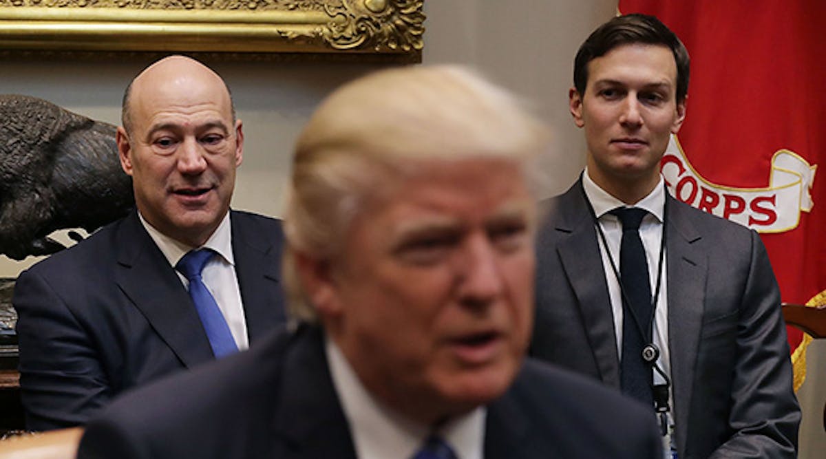 President Donald Trump, center, is flanked by National Economic Council director Gary Cohn, left, and senior adviser Jared Kushner, during a January meeting with various business leaders.