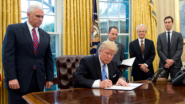 Mike Pence Donald Trump Reince Prebus Peter Navarro and Jared Kushner