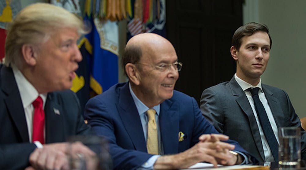 Commerce secretary Wilbur Ross, center, flanked by President Donald Trump and his senior adviser, Jared Kushner.