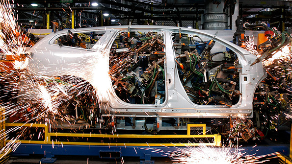 A vehicle is welded at the GM Lansing Delta Township Assembly plant