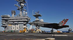 An F-35C Lightening II Joint Strike Fighter lands aboard the aircraft carrier USS Nimitz at sea in the Pacific Ocean. Reuters reported that the Pentagon waived laws banning Chinese-built components on U.S. weapons in order to keep the F-35 fighter program on track.