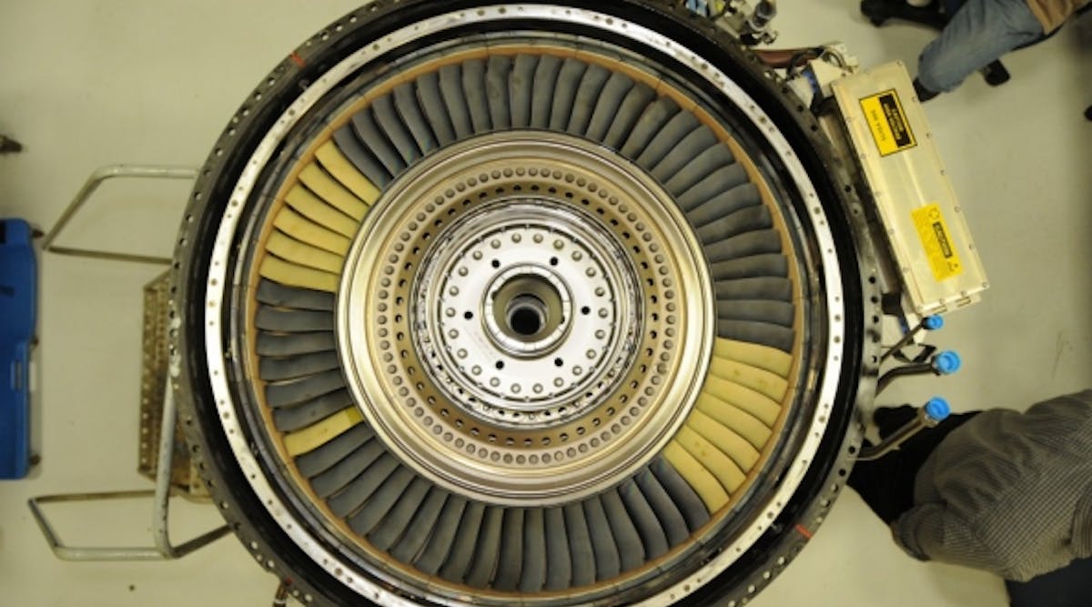 The ADVENT adaptive cycle jet engine has a low-pressure turbine with blades made from carbon matrix composites. Some of them are covered with a special yellow environmental coating. The engine, which has 45,000 pounds of thrust, could one day power the F-35 Joint Strike Fighter.
