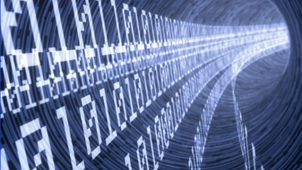 Binary code disappears into a sort of computer wormhole