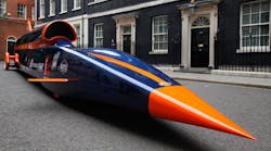 The Bloodhound Super Sonic Car is displayed at Downing Street in London on June 24, 2013. Wing Commander Andy Green will be driving the Bloodhound SSC during a land speed record attempt in South Africa next year. (Photo by Dan Dennison/Getty Images)