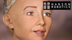 Sophia created by Hanson Robotics and the companys logo Sophia created by Hanson Robotics and the companys logo
