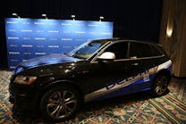 The driverless, specially outfitted Audi Q5 sport-utility vehicle is displayed at the Waldorf Astoria following the car&apos;s return from a cross country trip. Delphi Automotive Plc, a supplier of car electronics, designed the car which covered about 3,500 miles from San Francisco to the New York City area. The car was driverless for all but about 50 miles in a construction zone.