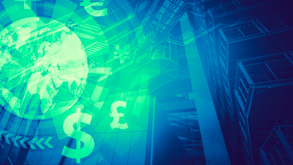 Various currency symbols against a tech background