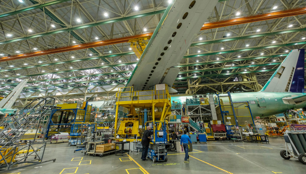 A 777 airliner on the Boeing production line in Everett, Washington.