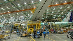 A 777 airliner on the Boeing production line in Everett, Washington.