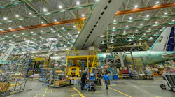 A 777 airliner on the Boeing production line in Everett, Washington.