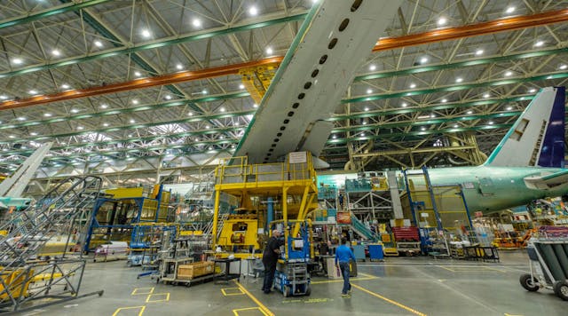 A 777 airliner on the Boeing production line in Everett, Washington.