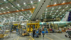 A 777 airliner on the Boeing production line in Everett, Washington. A 777 airliner on the Boeing production line in Everett, Washington.