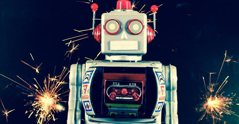 An old-school toy robot, in front some sparks.