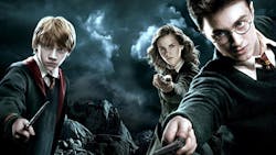 Rupert Grint, Emma Watson and Daniel Radcliffe in a Harry Potter promo poster. Rupert Grint, Emma Watson and Daniel Radcliffe in a Harry Potter promo poster.
