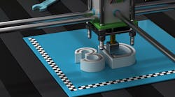 A Thinkstock image of a 3-D printer bed, with a graphic being manufactured. A Thinkstock image of a 3-D printer bed, with a graphic being manufactured.