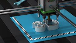 A Thinkstock image of a 3-D printer bed, with a graphic being manufactured. A Thinkstock image of a 3-D printer bed, with a graphic being manufactured.
