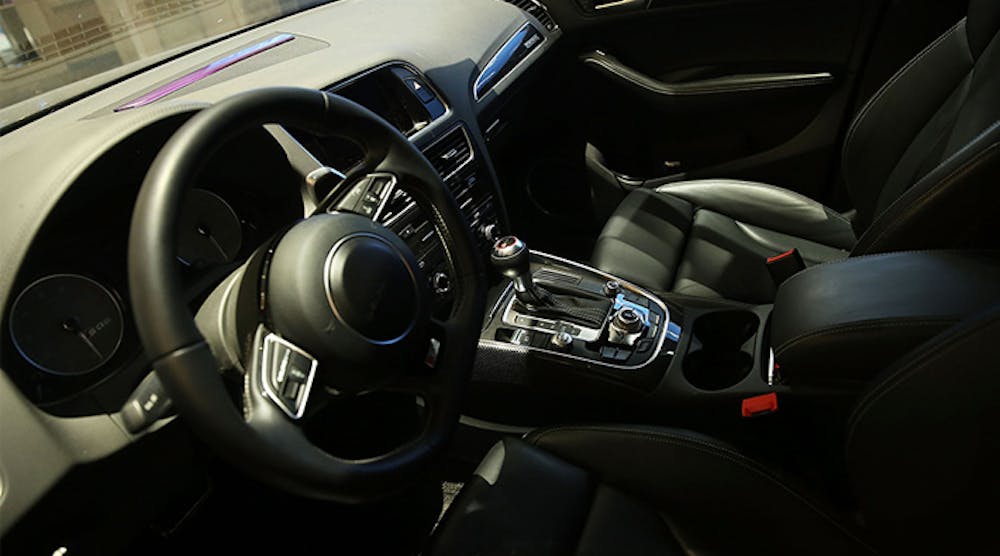 The interior of an Audi Q5 SUV following the car&apos;s return from a 3,500-mile cross-country trip, a first for a driverless vehicle. Auto supplier Delphi Automotive Plc designed the car.