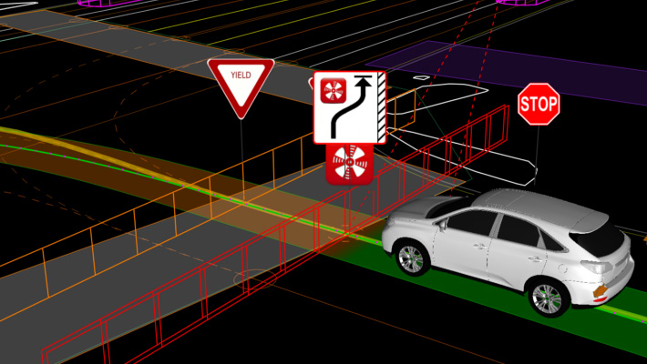 A computer graphic of an autonomous car driving through a simulated situation.