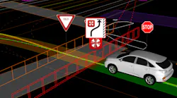 A computer graphic of an autonomous car driving through a simulated situation.