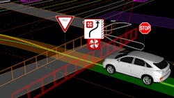 A computer graphic of an autonomous car driving through a simulated situation. A computer graphic of an autonomous car driving through a simulated situation.