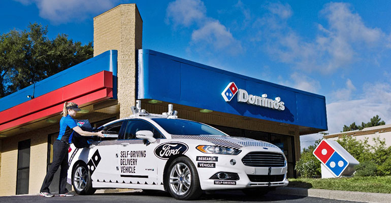 Ford autonomous car at Dominos store