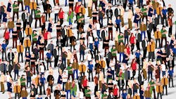 A large cluste of people talking, in the shape of a text bubble. A large cluste of people talking, in the shape of a text bubble.