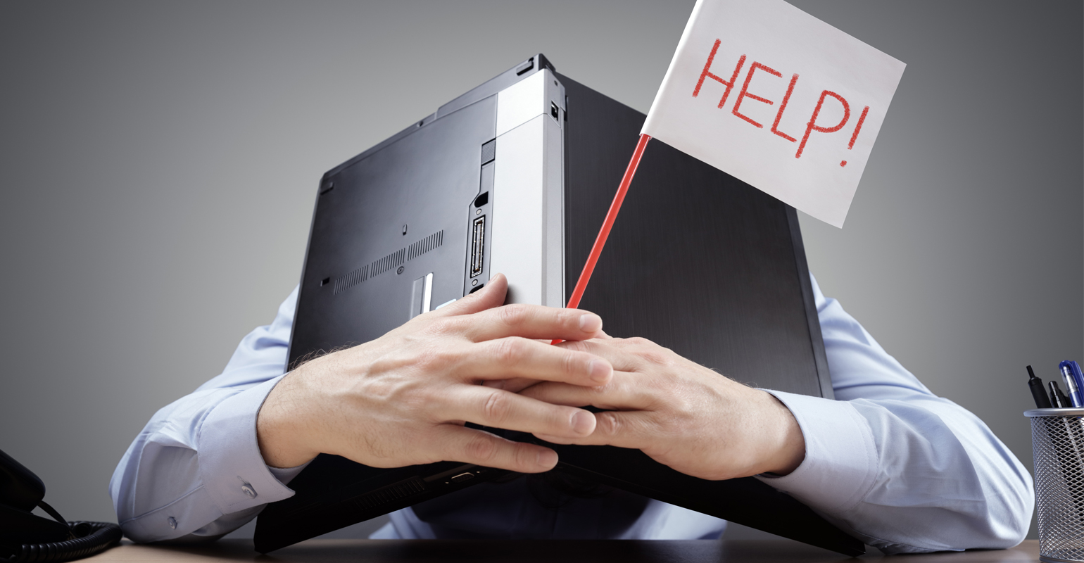 overwhelmed manager with help sign