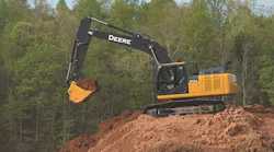 The John Deere 210G LC excavator features a 159 horsepower certified Final Tier 4 John Deere PowerTech PVS 68L engine A larger hood offers improved engine access without impairing visibility For convenience the ninepin diagnostic connector was moved into the cab to reduce diagnostic testing time for technicians Other improvements include a single side ground level fluid filter service which moves the engine oil fuel and hydraulic pilot oil filters to ground level on the right side of the machine