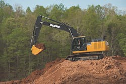 The John Deere 210G LC excavator features a 159 horsepower certified Final Tier 4 John Deere PowerTech PVS 68L engine A larger hood offers improved engine access without impairing visibility For convenience the ninepin diagnostic connector was moved into the cab to reduce diagnostic testing time for technicians Other improvements include a single side ground level fluid filter service which moves the engine oil fuel and hydraulic pilot oil filters to ground level on the right side of the machine The John Deere 210G LC excavator features a 159 horsepower certified Final Tier 4 John Deere PowerTech PVS 68L engine A larger hood offers improved engine access without impairing visibility For convenience the ninepin diagnostic connector was moved into the cab to reduce diagnostic testing time for technicians Other improvements include a single side ground level fluid filter service which moves the engine oil fuel and hydraulic pilot oil filters to ground level on the right side of the machine