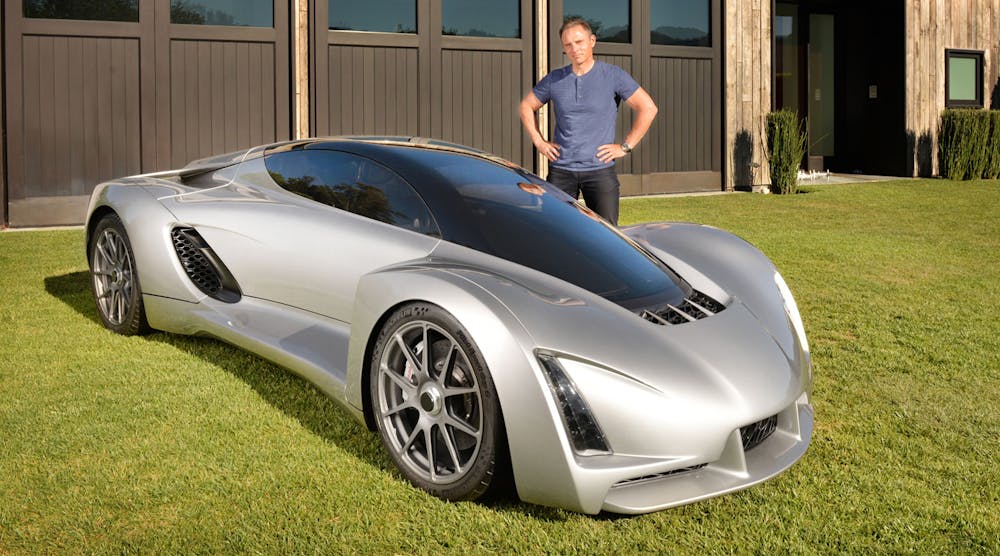 Divergent 3D CEO Kevin Czinger with the Blade, a 1,400-pound prototype vehicle with carbon fiber body parts built on a 3D-printed chassis.