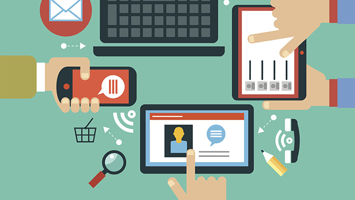 An illustration of hands operating various mobile devices.