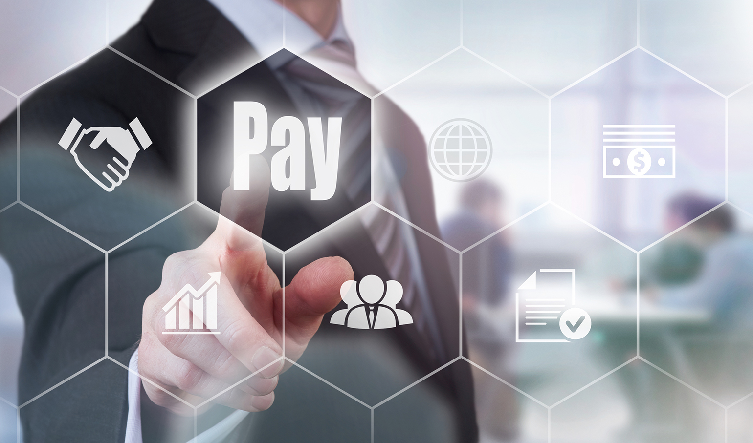 Businessman pushing pay sign