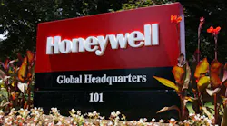 The Honeywell wordmark outside headquarters.