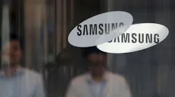 The Samsung logo and wordmark on doors at the company's headquarters.