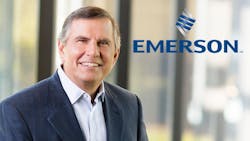 Emerson Electric CEO David Farr and the company logo and wordmark. Emerson Electric CEO David Farr and the company logo and wordmark.
