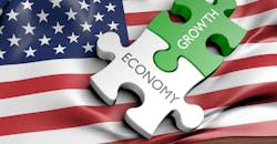 Economy and growth puzzle pieces with US flag Economy and growth puzzle pieces with US flag