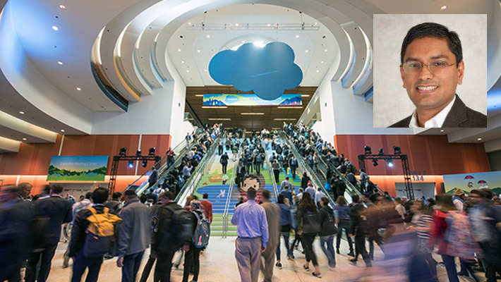 An image of Achyut Jajoo, Autodesk's head of manufacturing and automotive, over Dreamforce 2016.