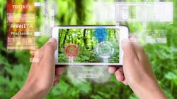 Two hands holding a smartphone overlaid with augmented reality graphics. Two hands holding a smartphone overlaid with augmented reality graphics.