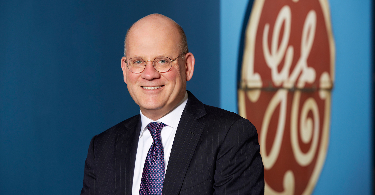GE CEO John Flannery with GE logo