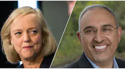 Current and future HPE CEOs Meg Whitman, left, and Antonio Neri.