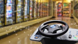 A robot running on Brain Corp. software cleans the floor of a grocery store. A robot running on Brain Corp. software cleans the floor of a grocery store.