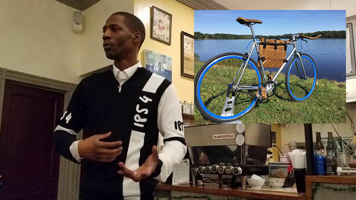 1854 Cycling founder Brandale Randolph and his Garrison bicycle (inset).