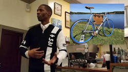 1854 Cycling founder Brandale Randolph and his Garrison bicycle (inset). 1854 Cycling founder Brandale Randolph and his Garrison bicycle (inset).